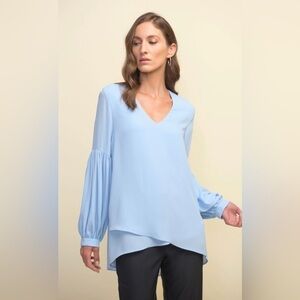 Joseph Ribkoff High Low Blouse Overlap Ruffle Hem Balloon Sleeve Women Sz 8